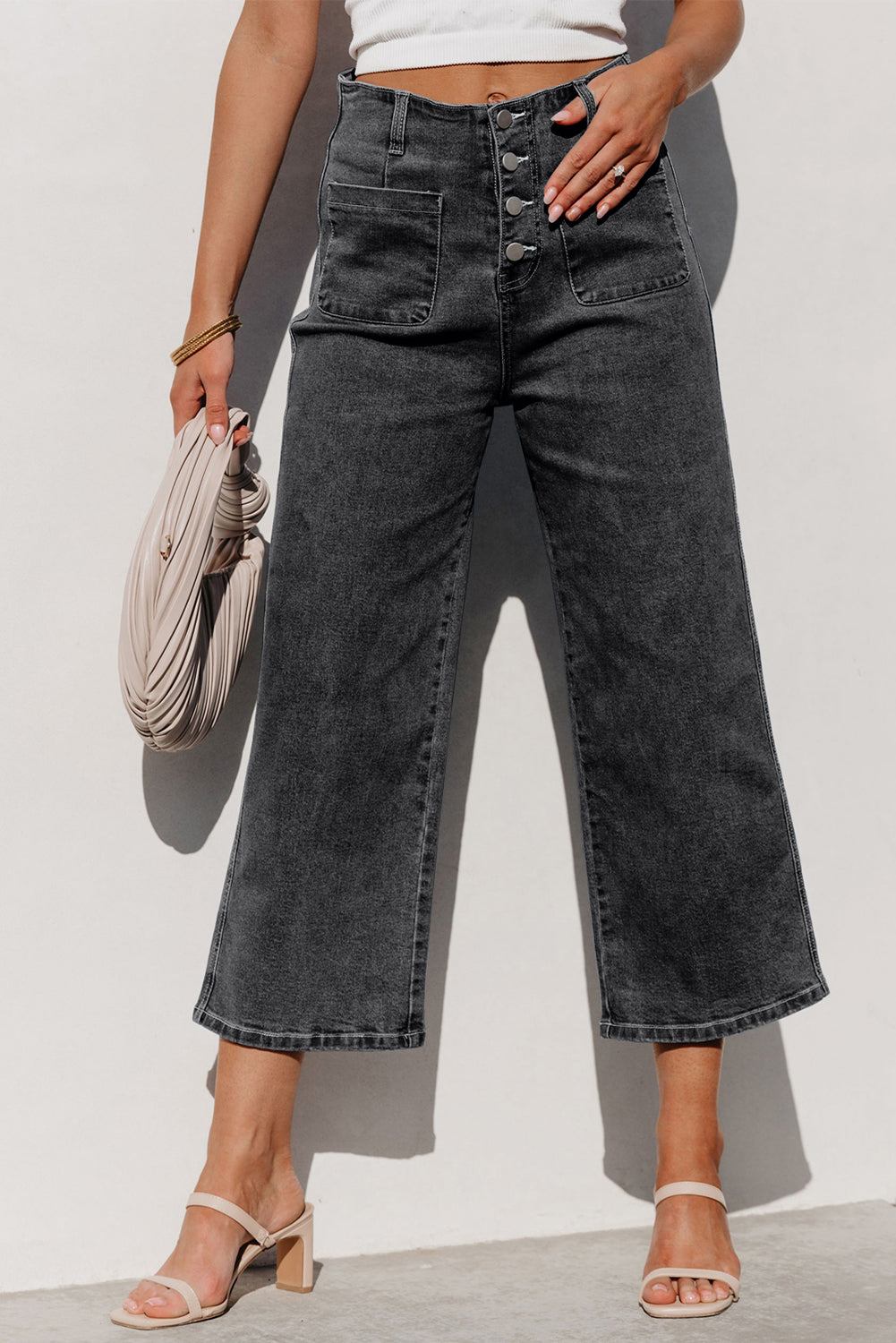Sail Blue High Waist Button Front Wide Leg Cropped Jeans