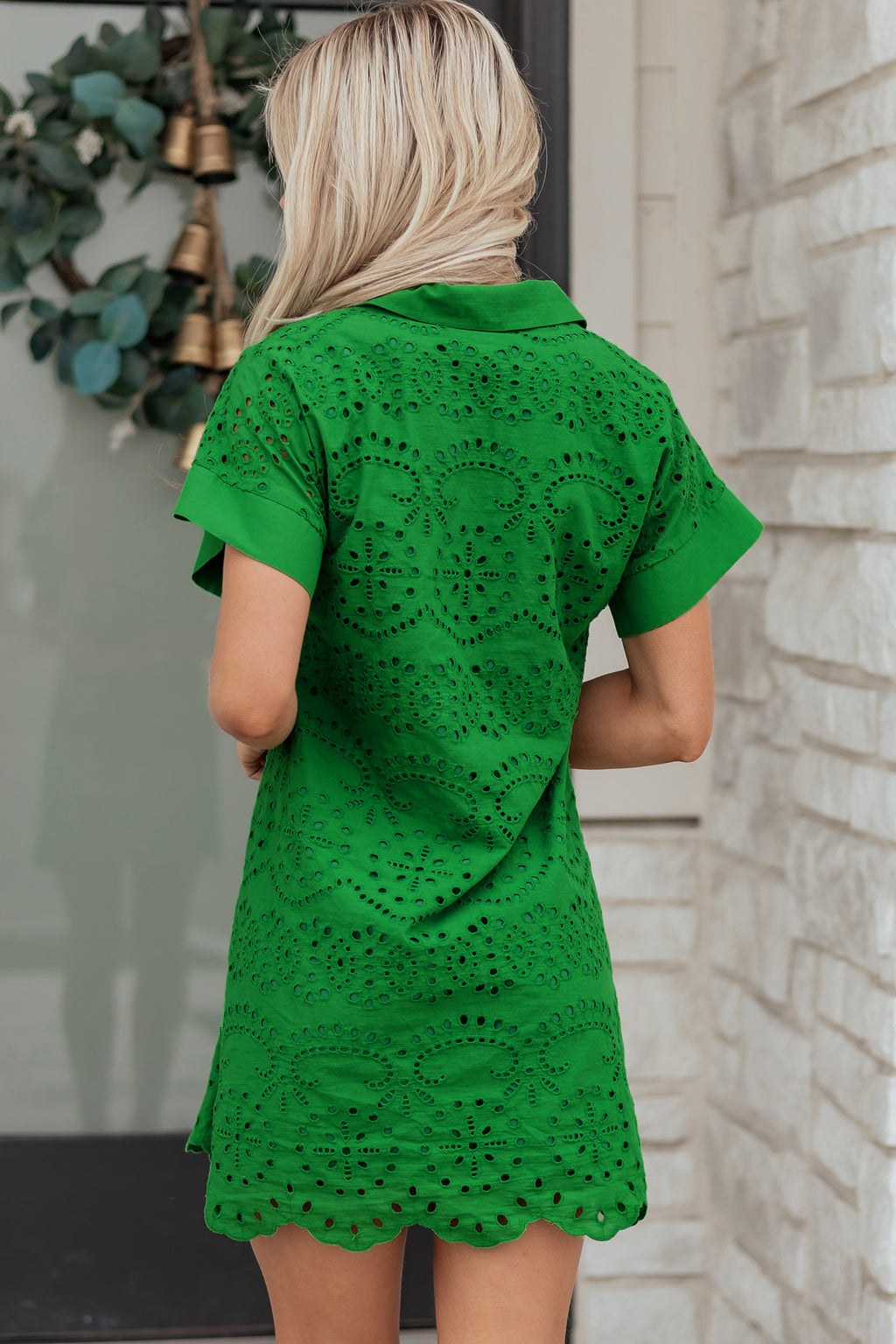 Dark Blue Solid Color Eyelet Embroidered T Shirt Mini Dress