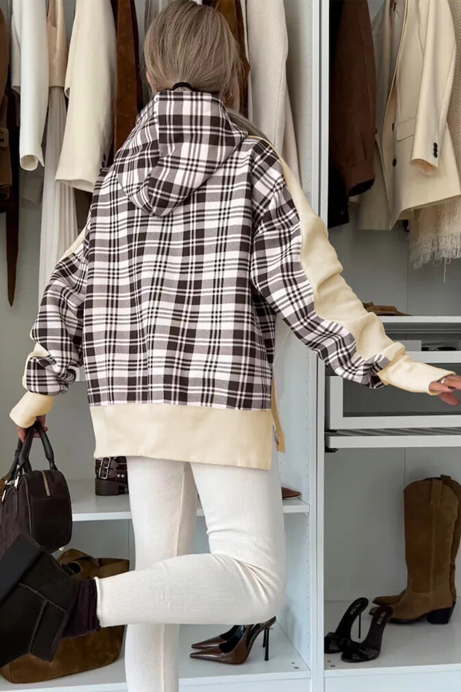 Chicory Coffee Plaid Patchwork Side Slit Hoodie