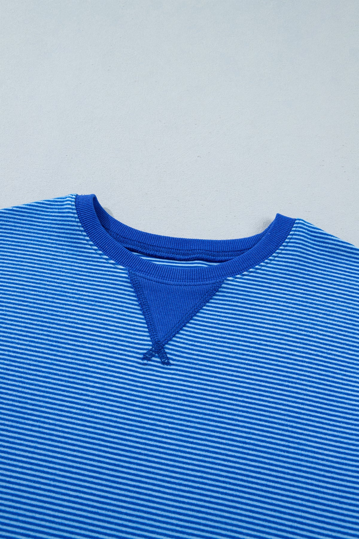Blue Stripe Ribbed Cuffs Hem Long Sleeve Pullover Top