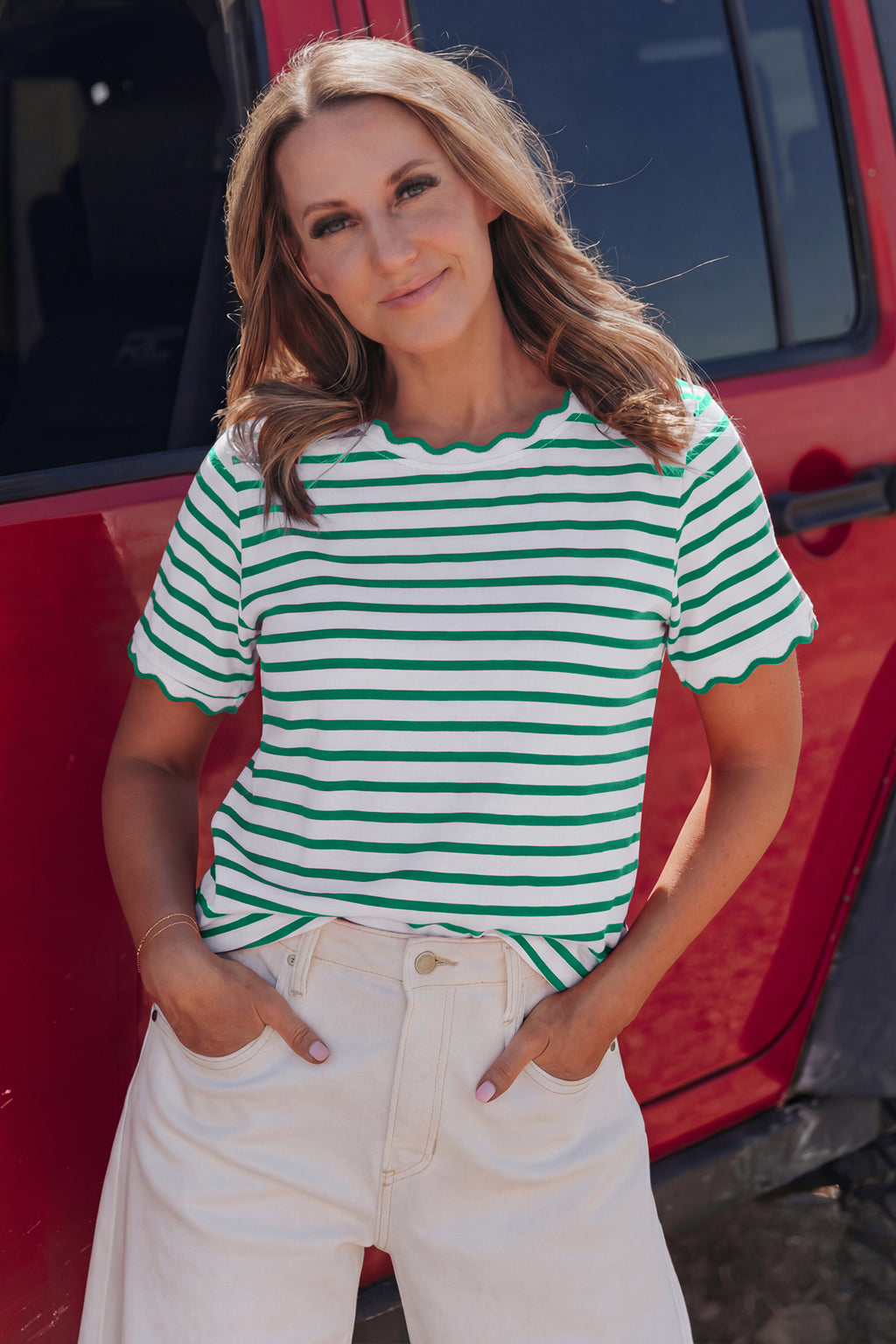 Red Stripe Scalloped Trim Round Neck T Shirt
