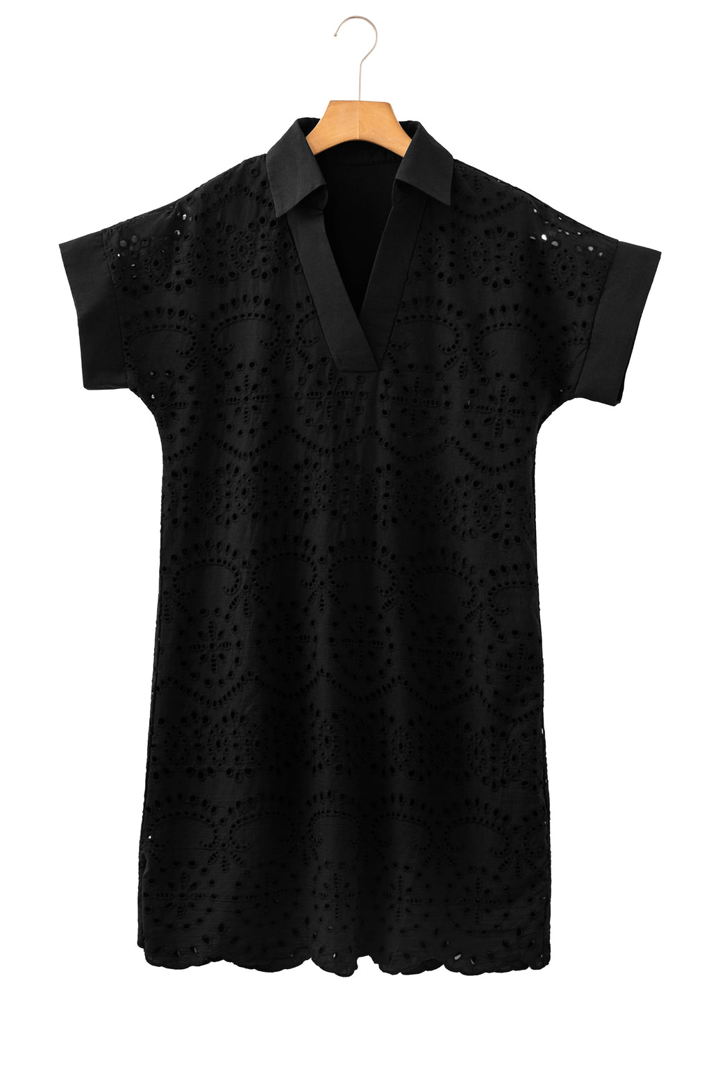 Dark Blue Solid Color Eyelet Embroidered T Shirt Mini Dress