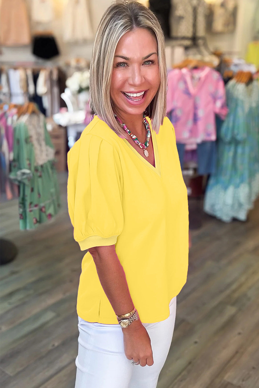 Mint Green Solid Color V Neck Short Puff Sleeve Blouse