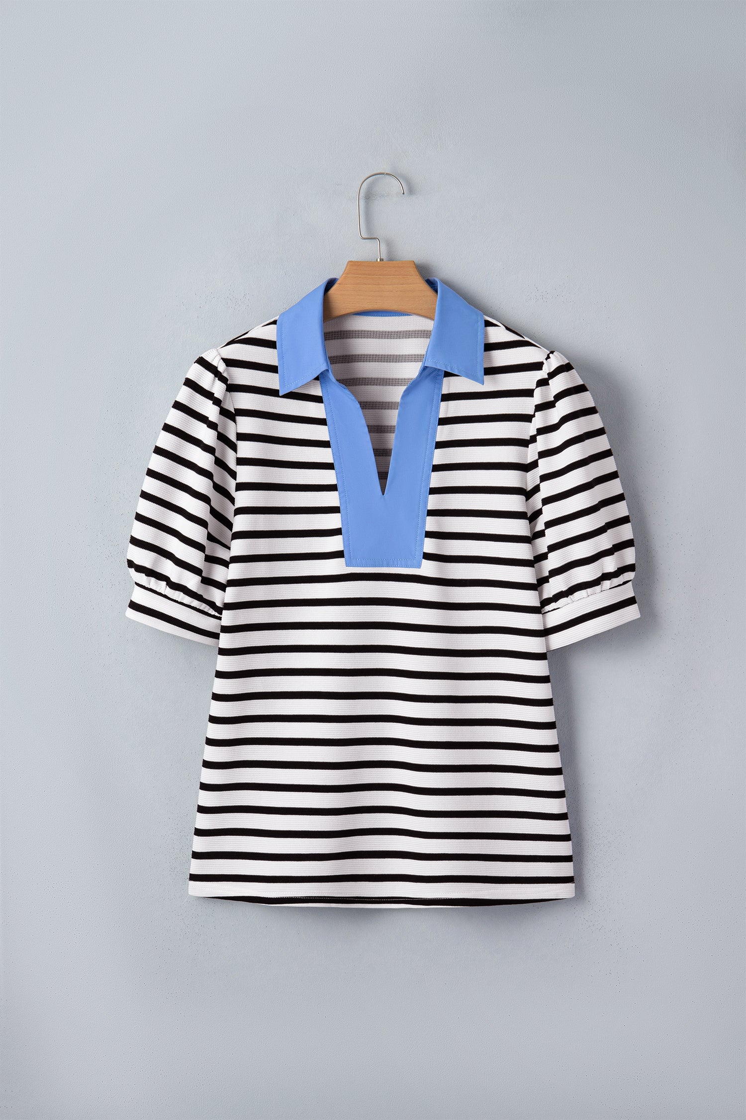Pink Stripe Short Puff Sleeve Color Block Polo Collar Blouse