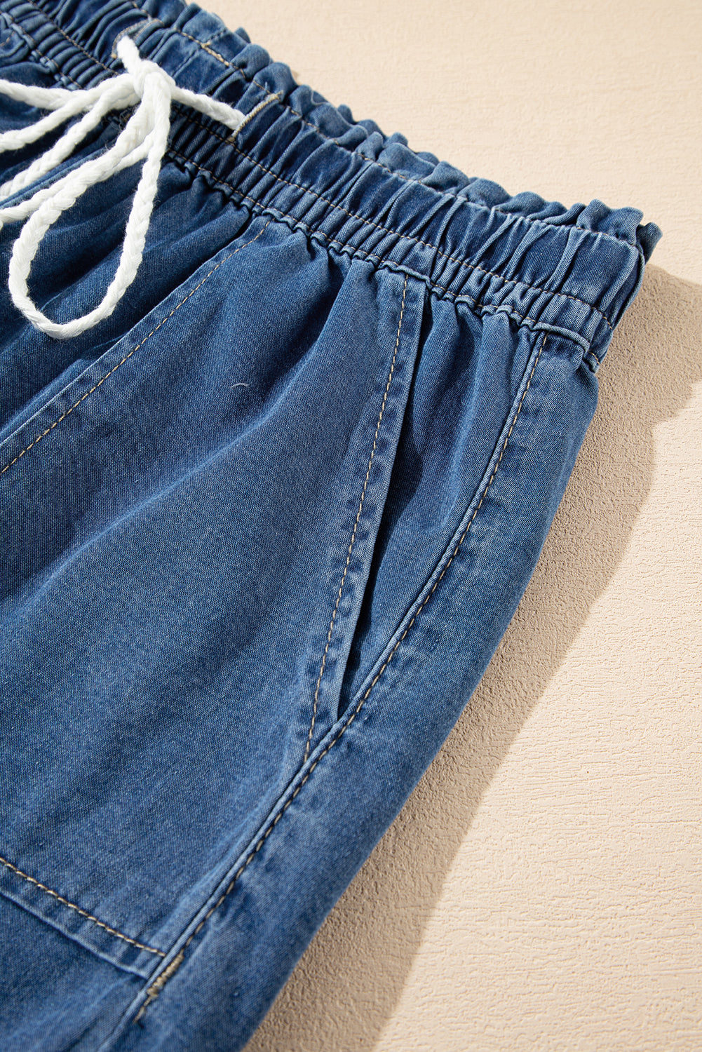 Ashleigh Blue Raw Hem Drawstring Elastic Waistband Denim Shorts with Pockets