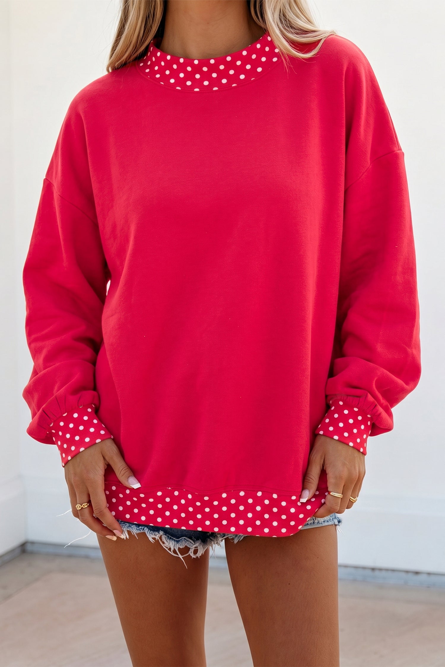 Fiery Red Colorblock Polka Dot Contrast Trim Oversized Sweatshirt