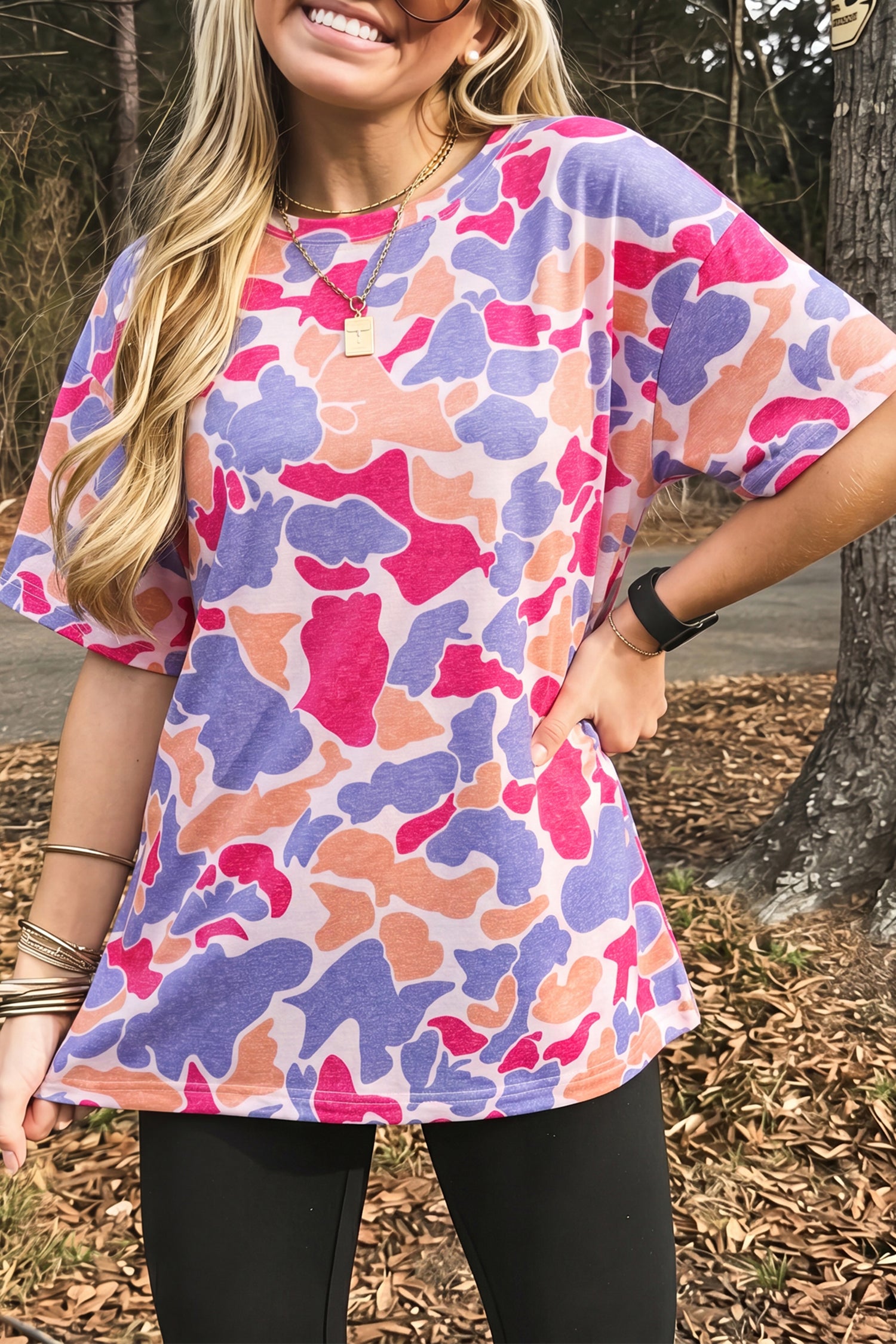 Multicolour Retro Camouflage Print Womens Casual T Shirt