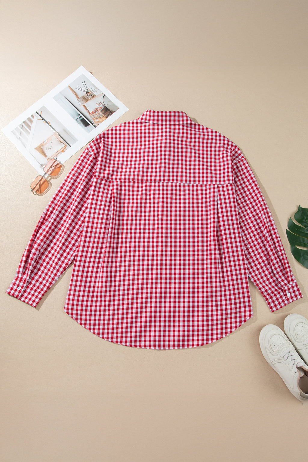 Red Plaid V Neck Long Sleeve Tunic Loose Fit Plus Size Shirt