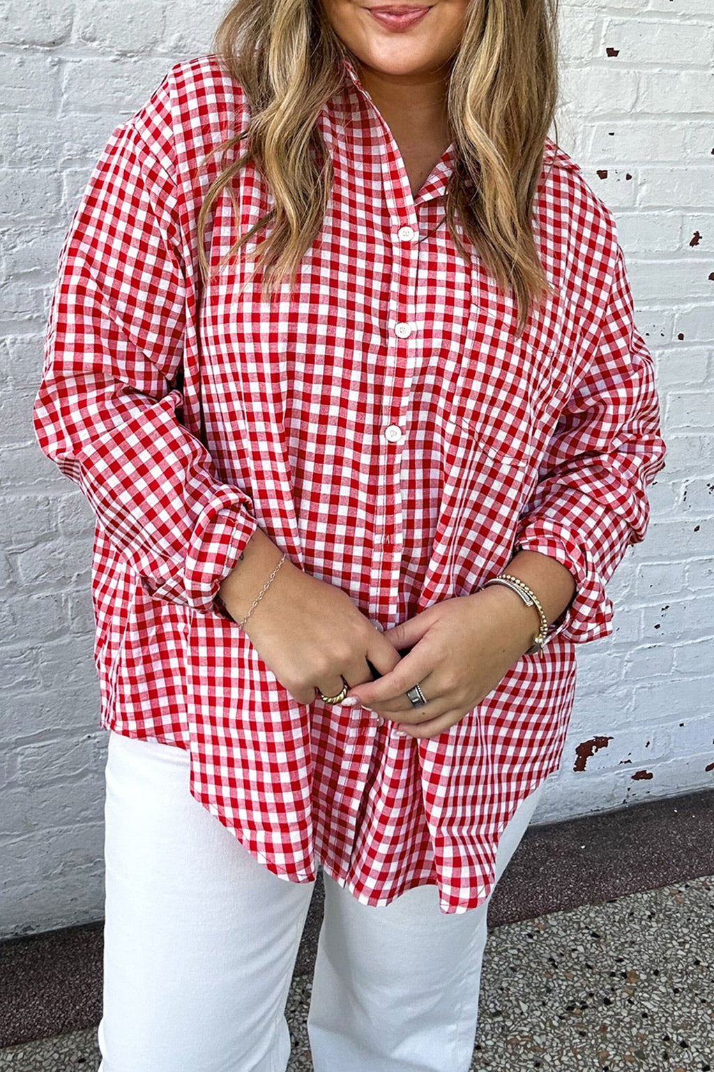 Red Plaid V Neck Long Sleeve Tunic Loose Fit Plus Size Shirt