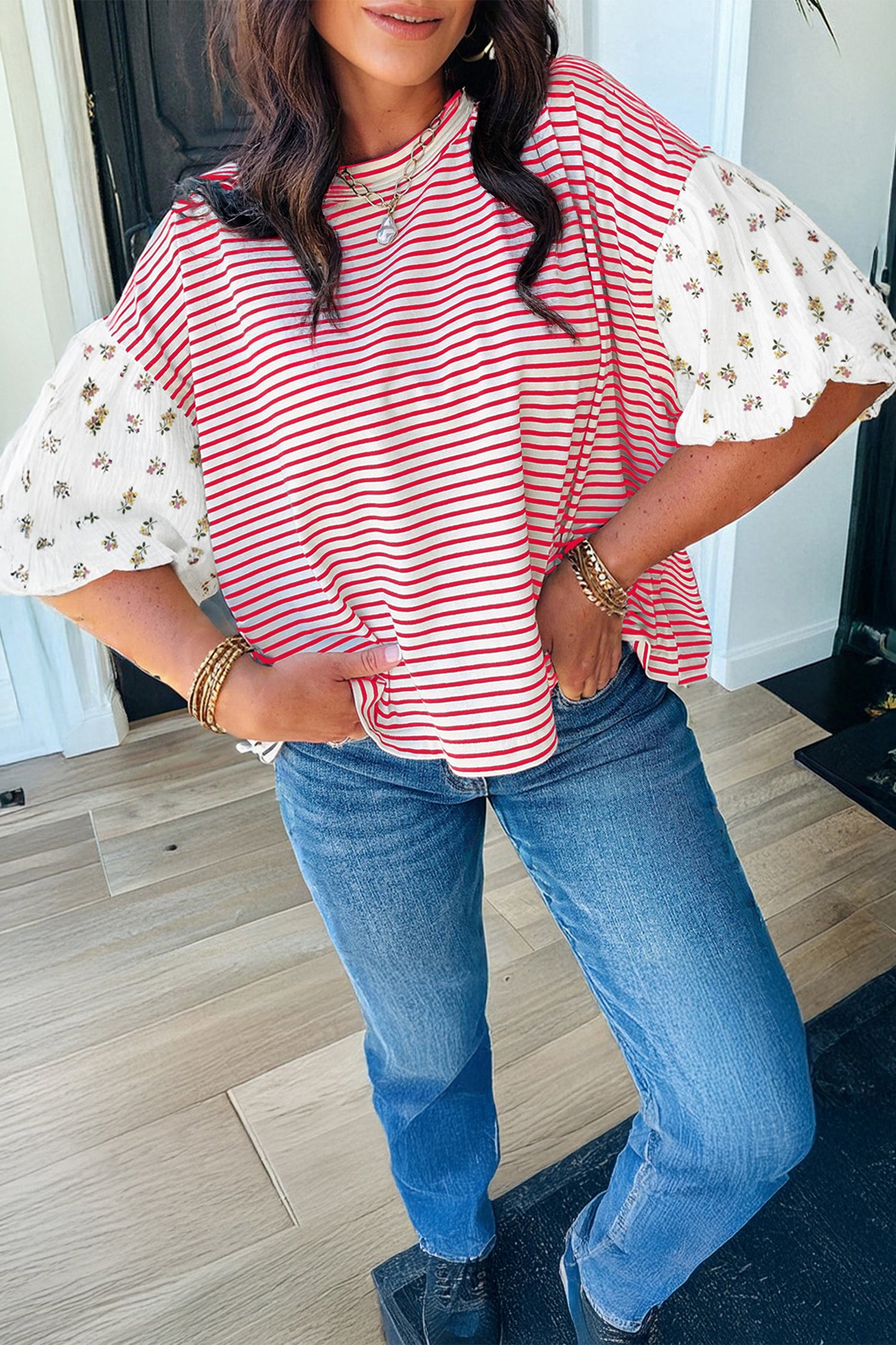 Green Stripe Floral Puff Sleeve Patchwork Round Neck Loose Top