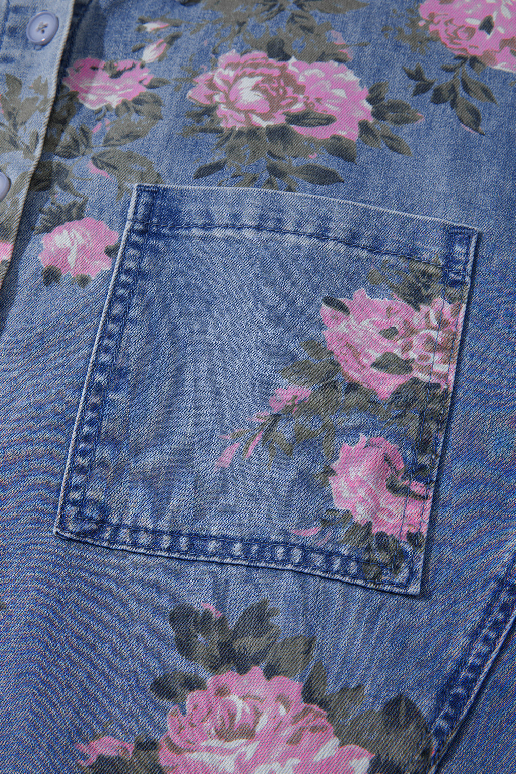 Blue Bracelet Sleeve Floral Denim Shirt