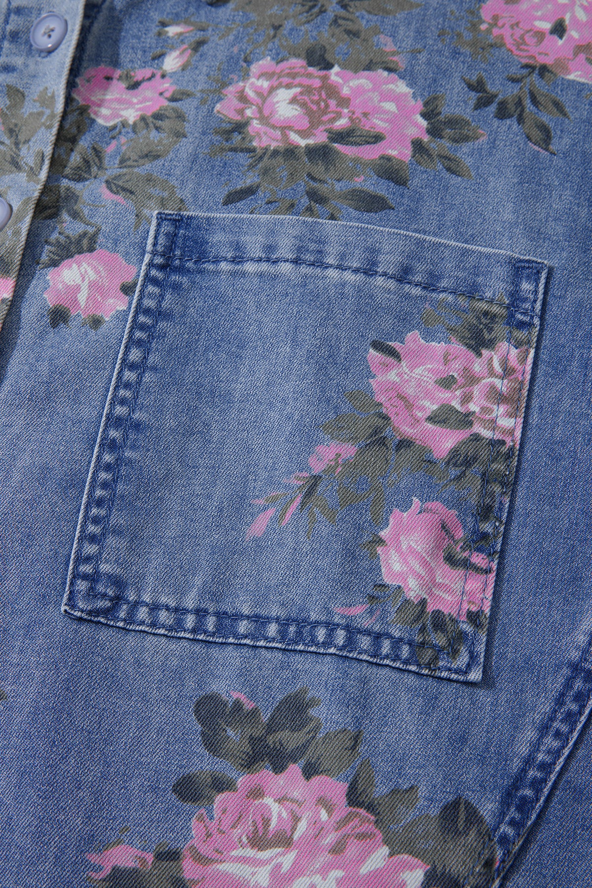 Blue Bracelet Sleeve Floral Denim Shirt