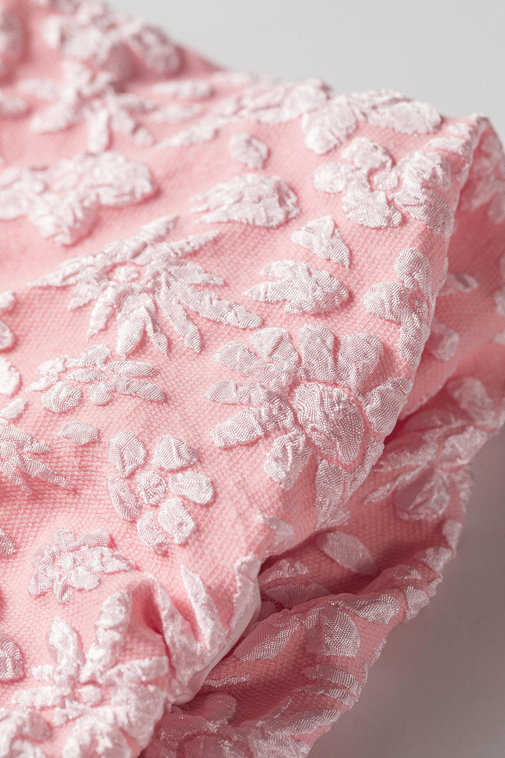 Beige Floral Textured Jacquard Puff Sleeve Blouse