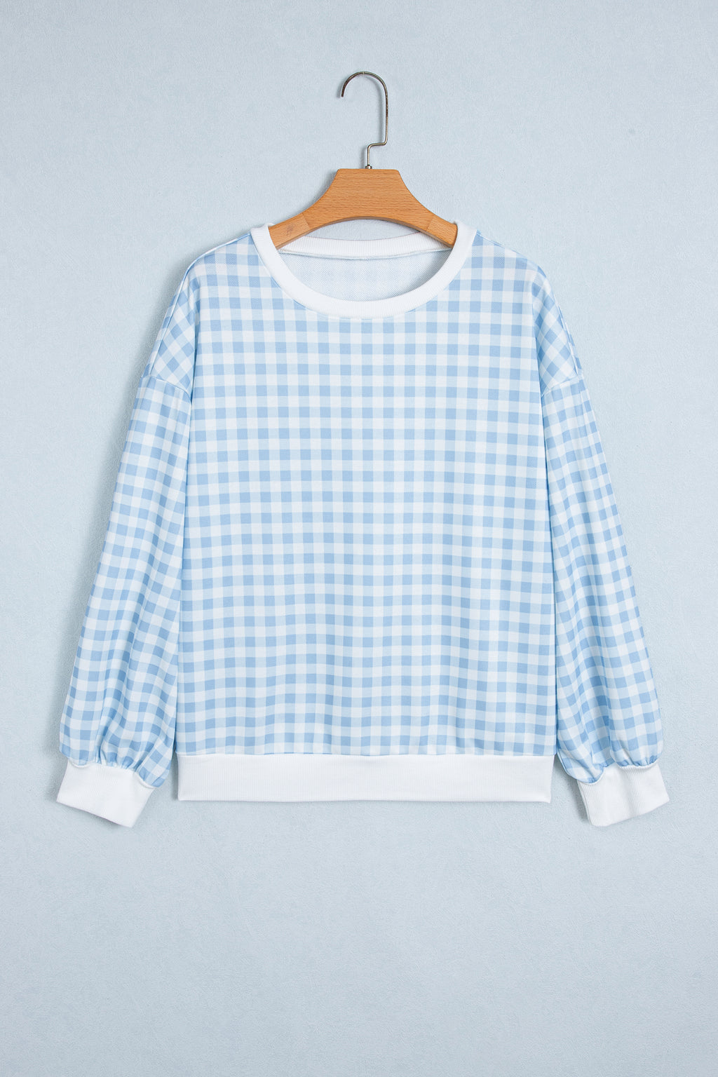 Light Blue Plaid Round Neck Long Sleeve Sweatshirt
