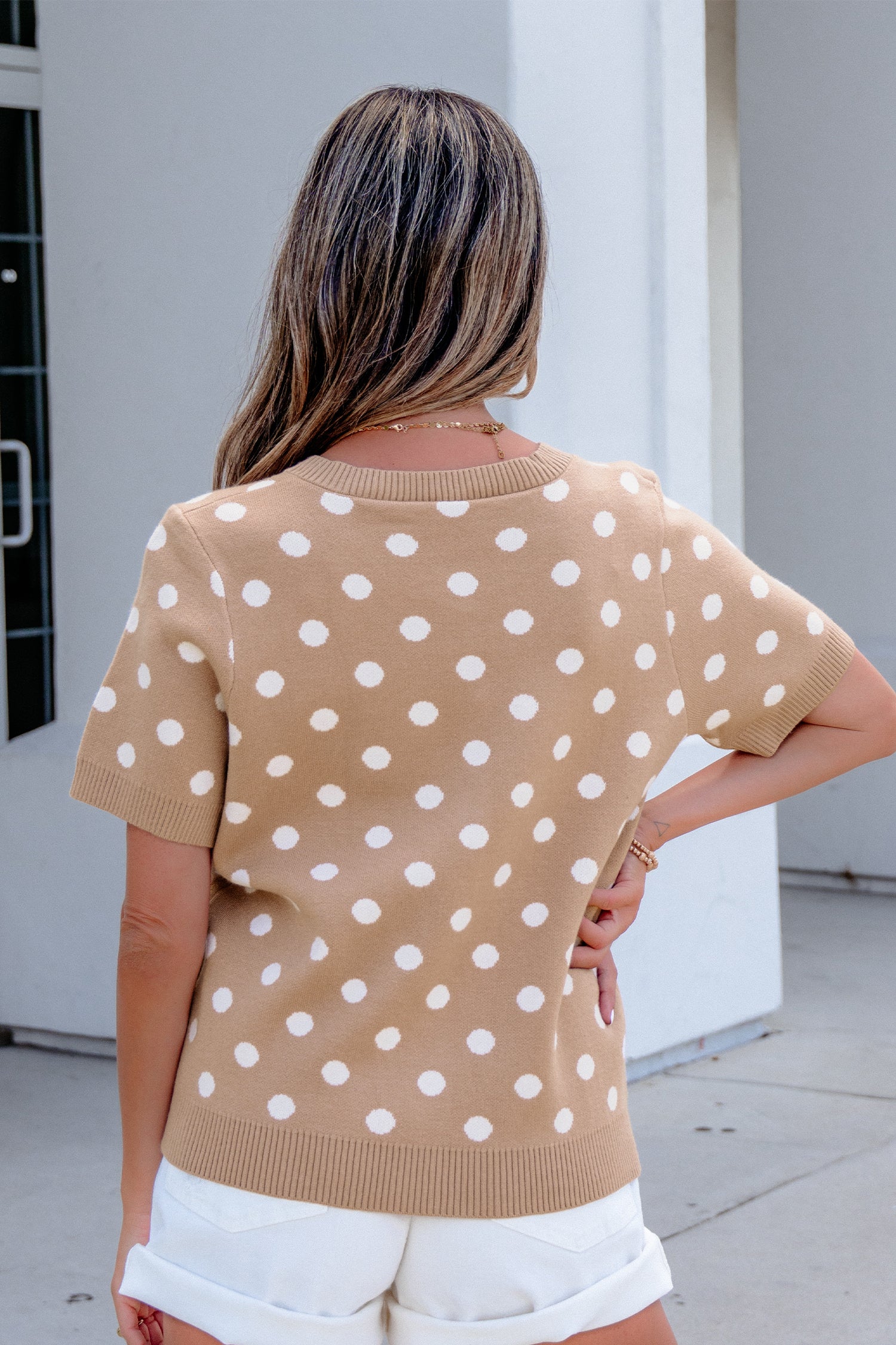 Dark Khaki Polka Dot Short Sleeve Button Down Sweater Cardigan