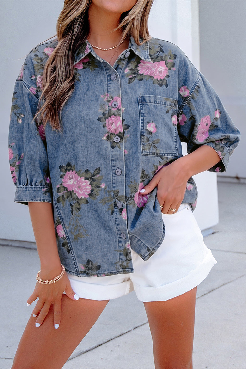Blue Bracelet Sleeve Floral Denim Shirt