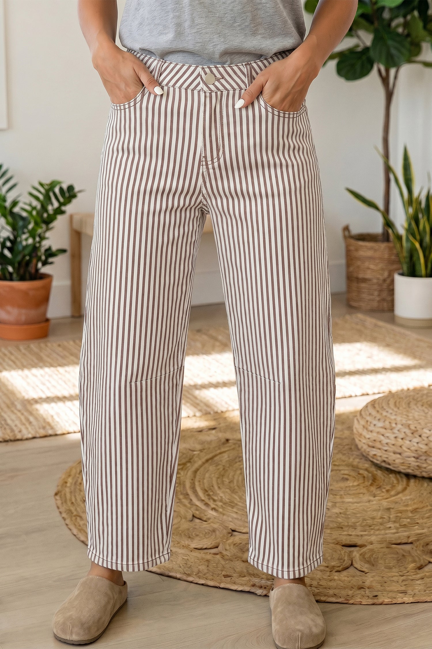 Brown Stripe Casual Barrel Jeans