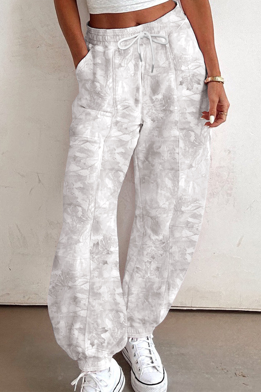 Beige Camo Print Baggy Drawstring Jogger Sweatpants