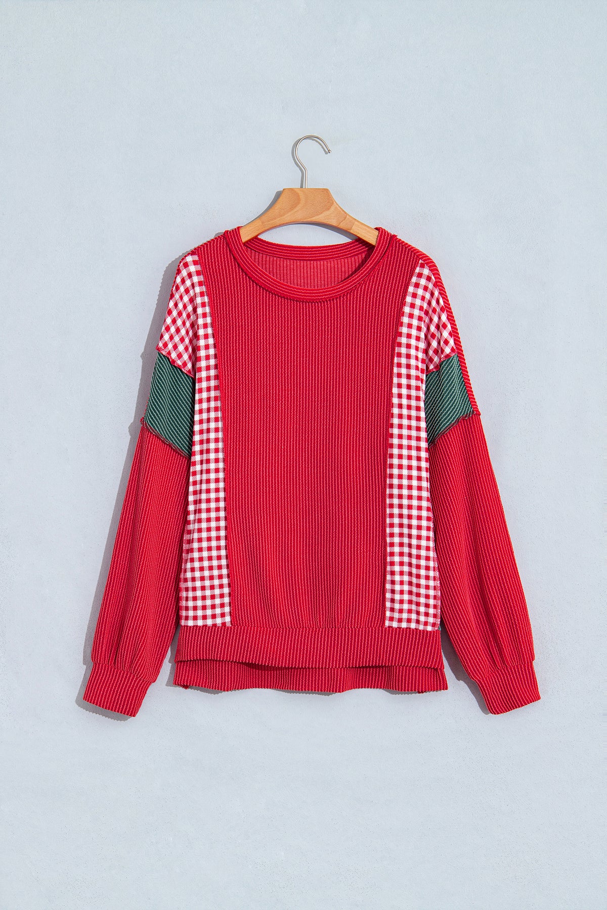 Fiery Red Patchwork Plaid Colorblock Twist Rib Round Neck Long Sleeve Top