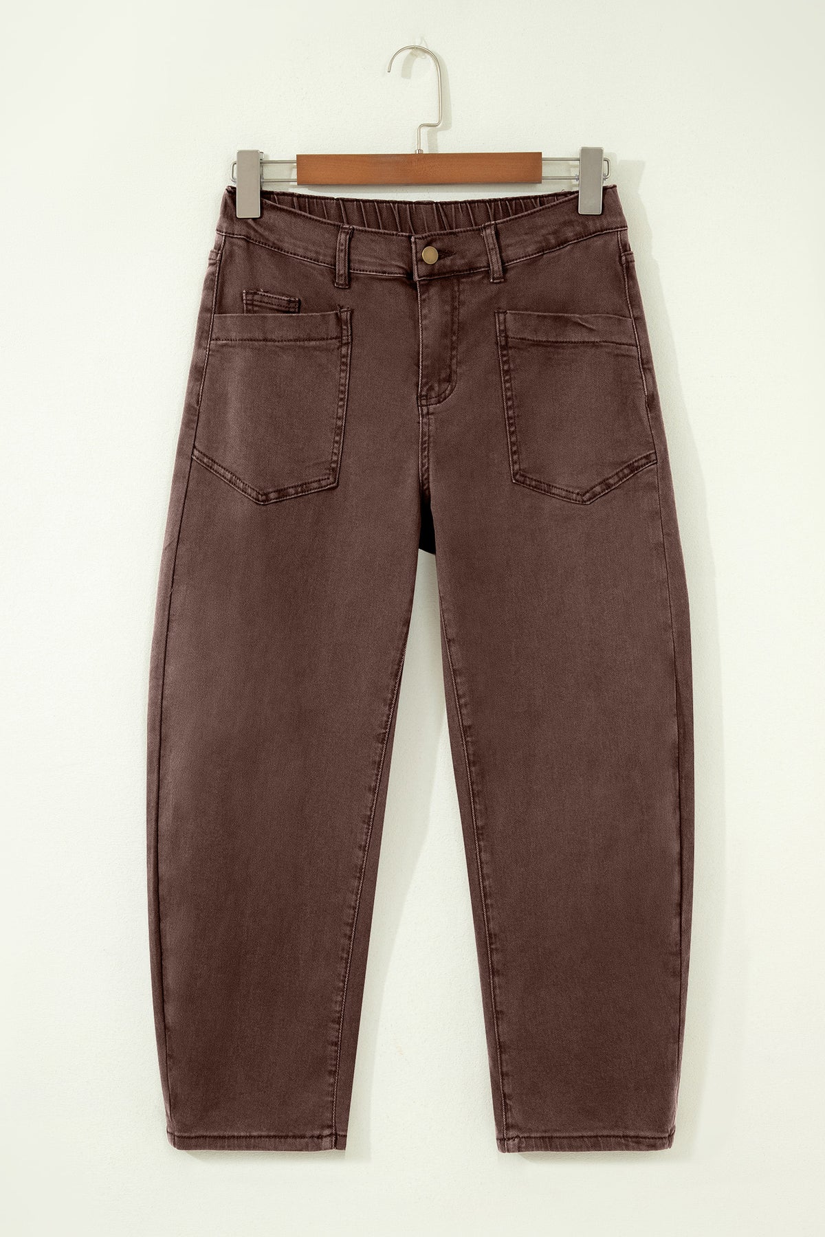 Coffee Solid Color Square Patch Pocket Ankle-length Barrel Jeans