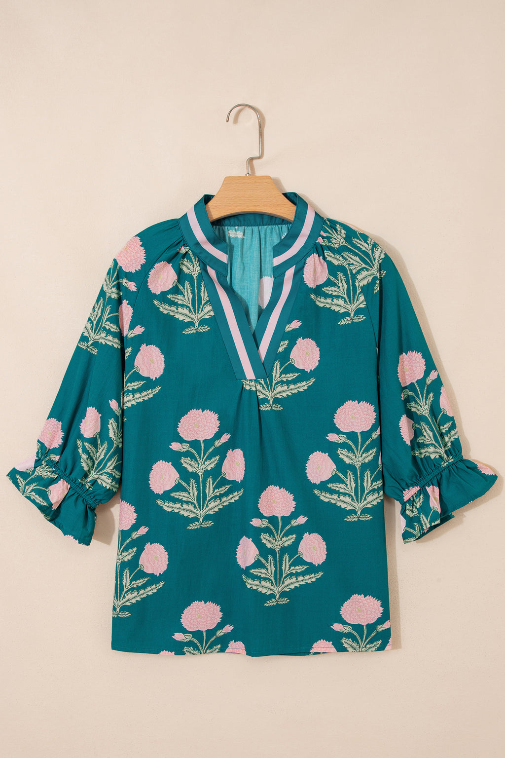 Sky Blue Casual Wild Flower Print V Neck 3/4 Sleeve Blouse