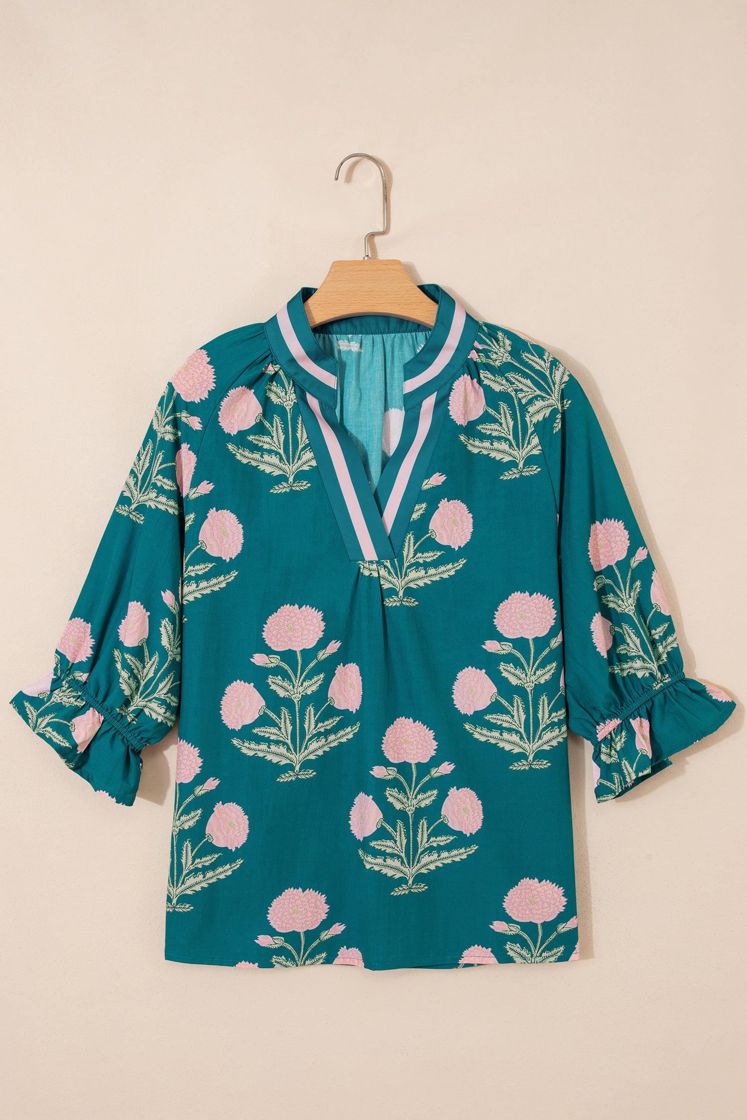 Sky Blue Casual Wild Flower Print V Neck 3/4 Sleeve Blouse