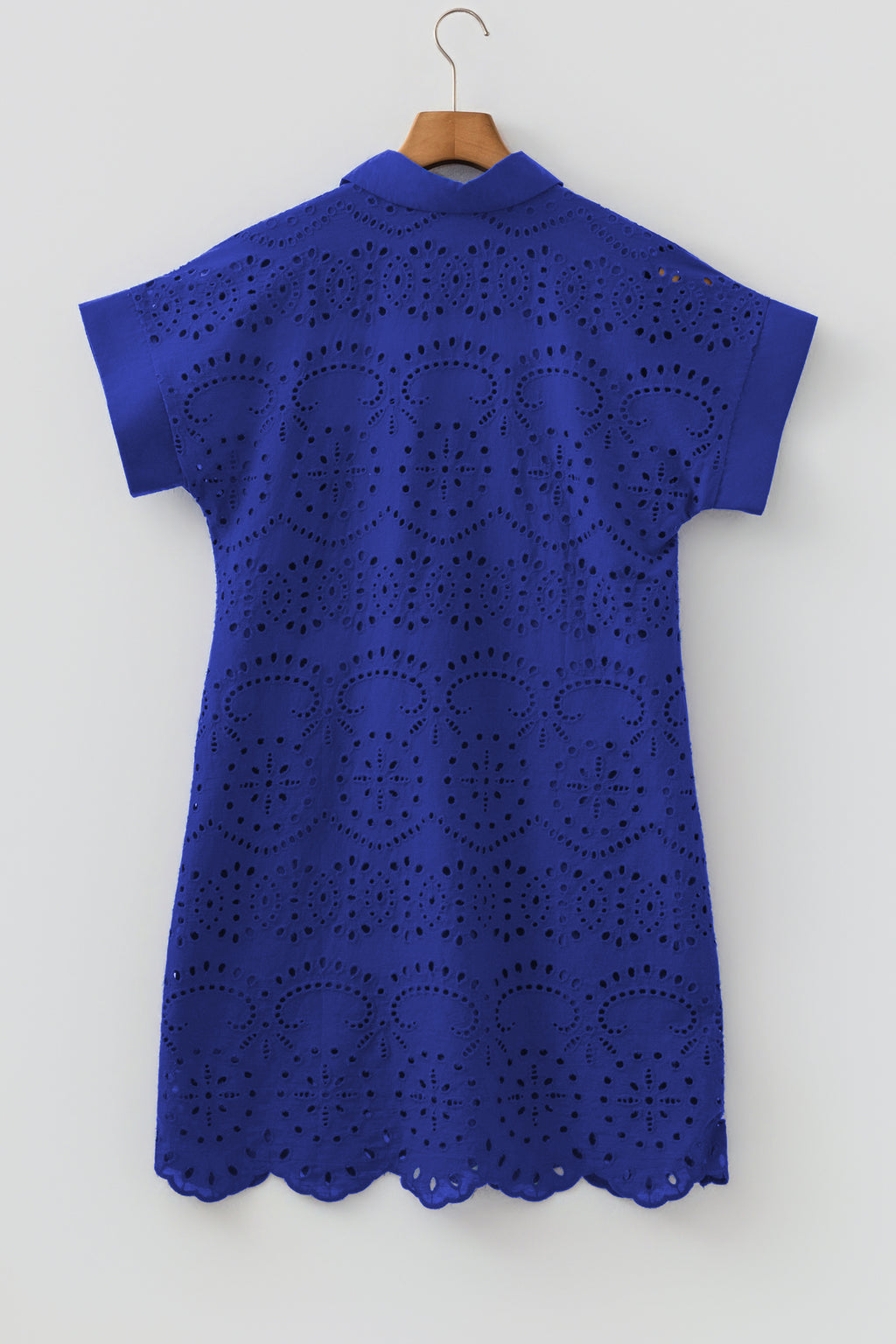 Dark Blue Solid Color Eyelet Embroidered T Shirt Mini Dress
