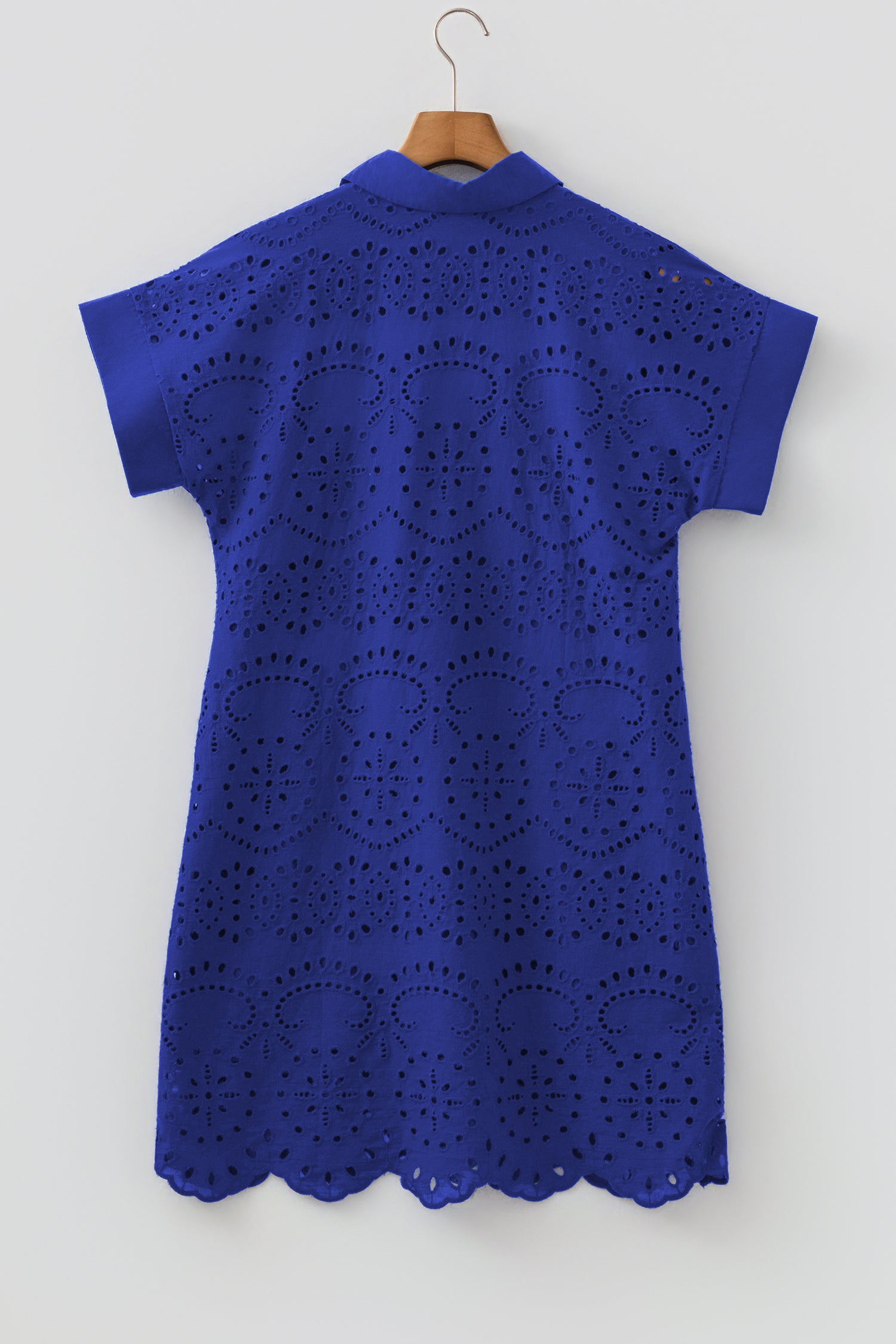 Dark Blue Solid Color Eyelet Embroidered T Shirt Mini Dress
