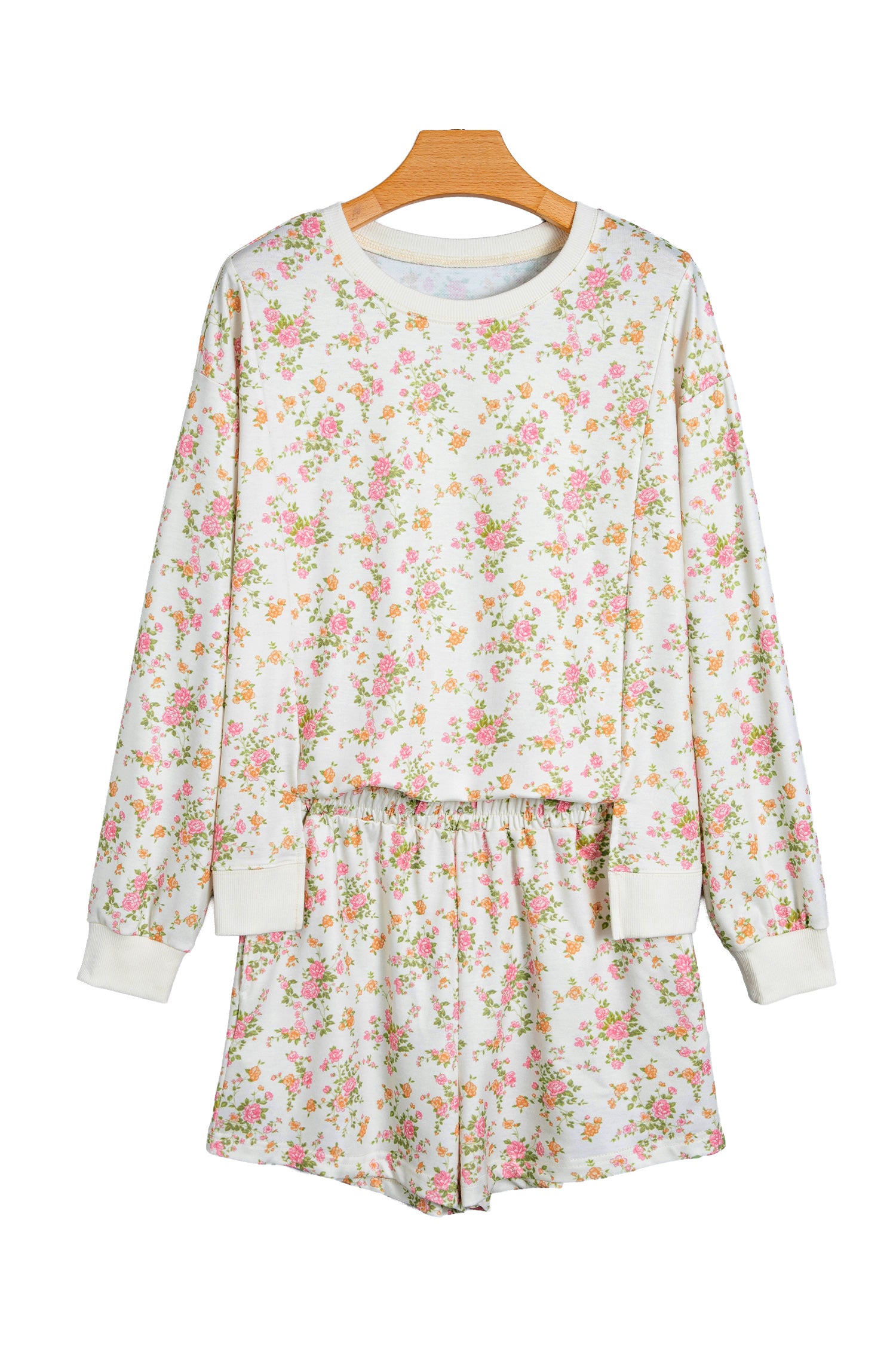 Beige Floral Print Long Sleeve Shift Top Pocketed Shorts 2pcs Set