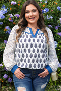 White Plus Size Boho Floral Print Contrast Trim Split Neck Puff Sleeve Patchwork Blouse