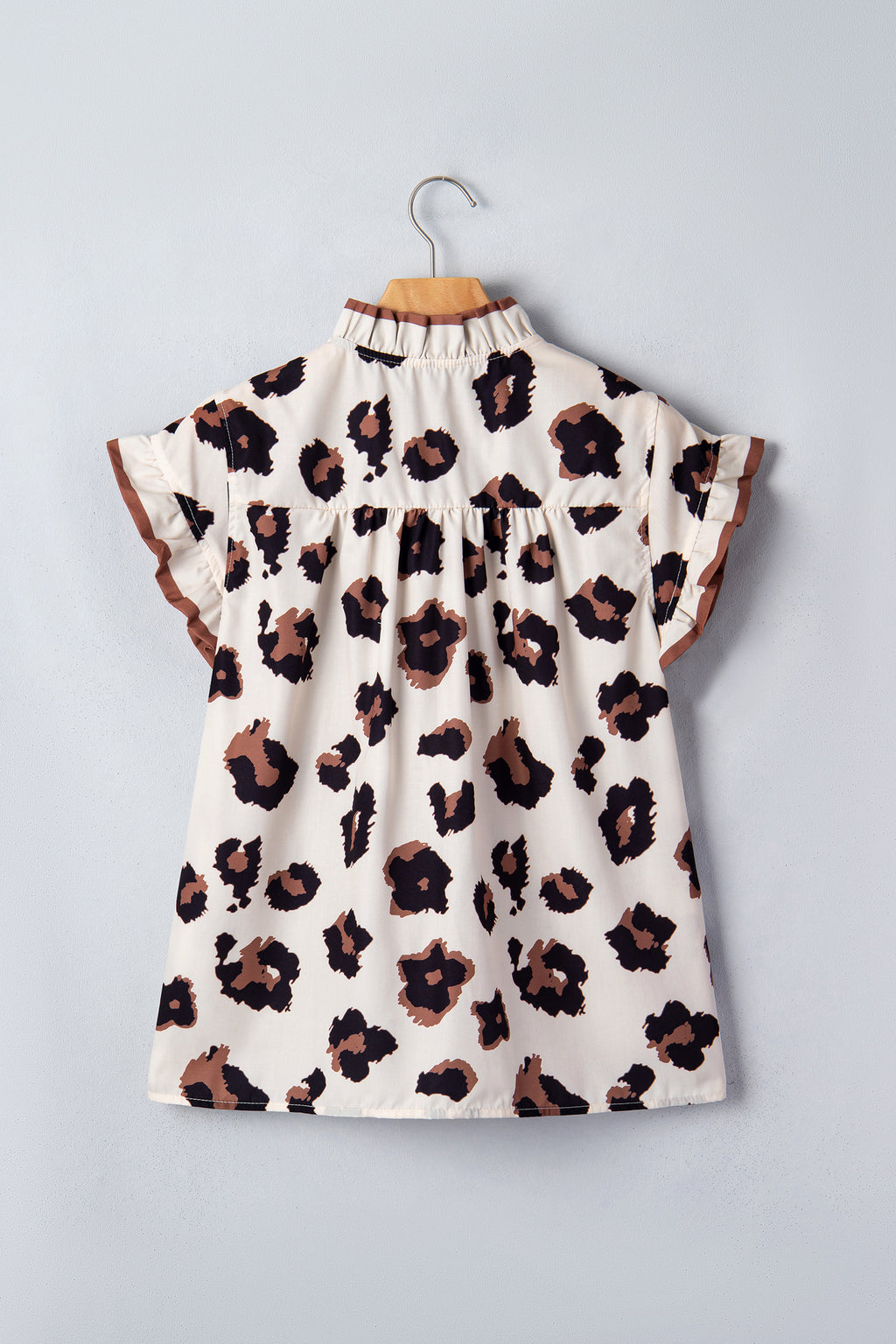 Khaki Leopard Printed Ruffle Sleeve Summer Blouse