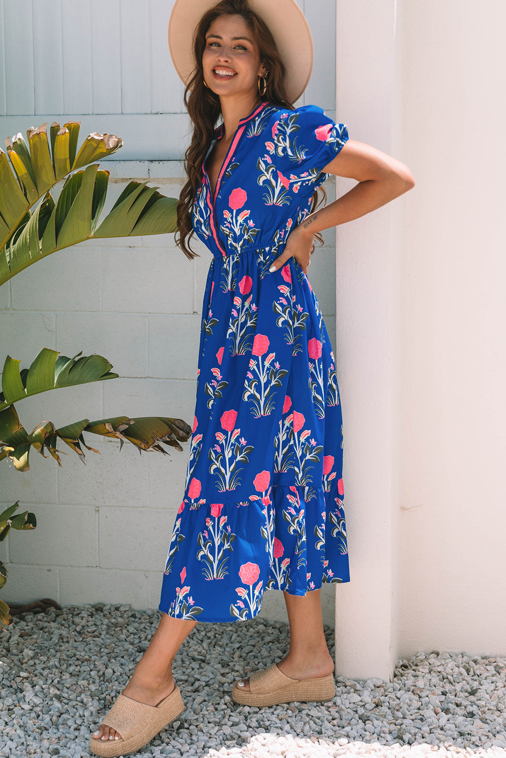 White Floral Puff Short Sleeve V Neck High Waist Maxi Dress