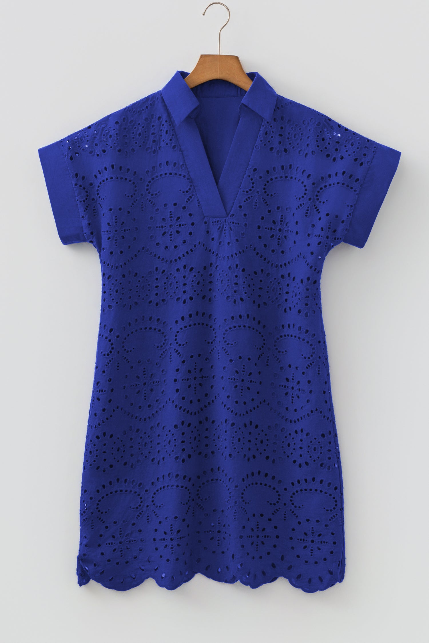 Dark Blue Solid Color Eyelet Embroidered T Shirt Mini Dress