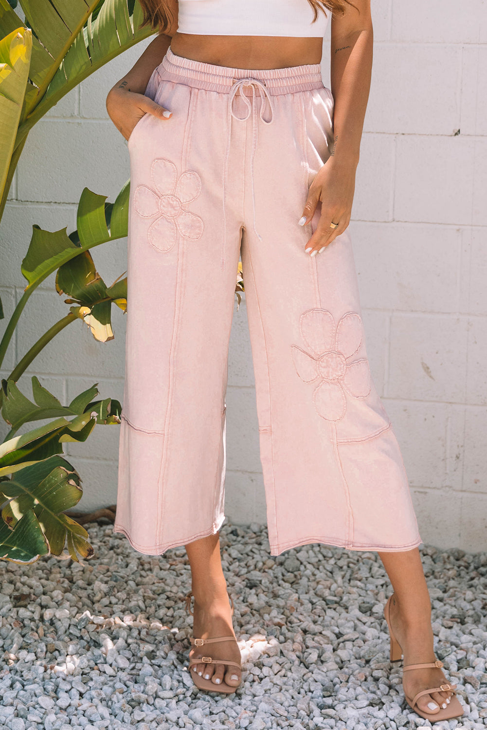 Light Grey Flower Patch Mineral Washed Terry Knit Cropped Wide Leg Pants