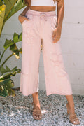 Light Grey Flower Patch Mineral Washed Terry Knit Cropped Wide Leg Pants