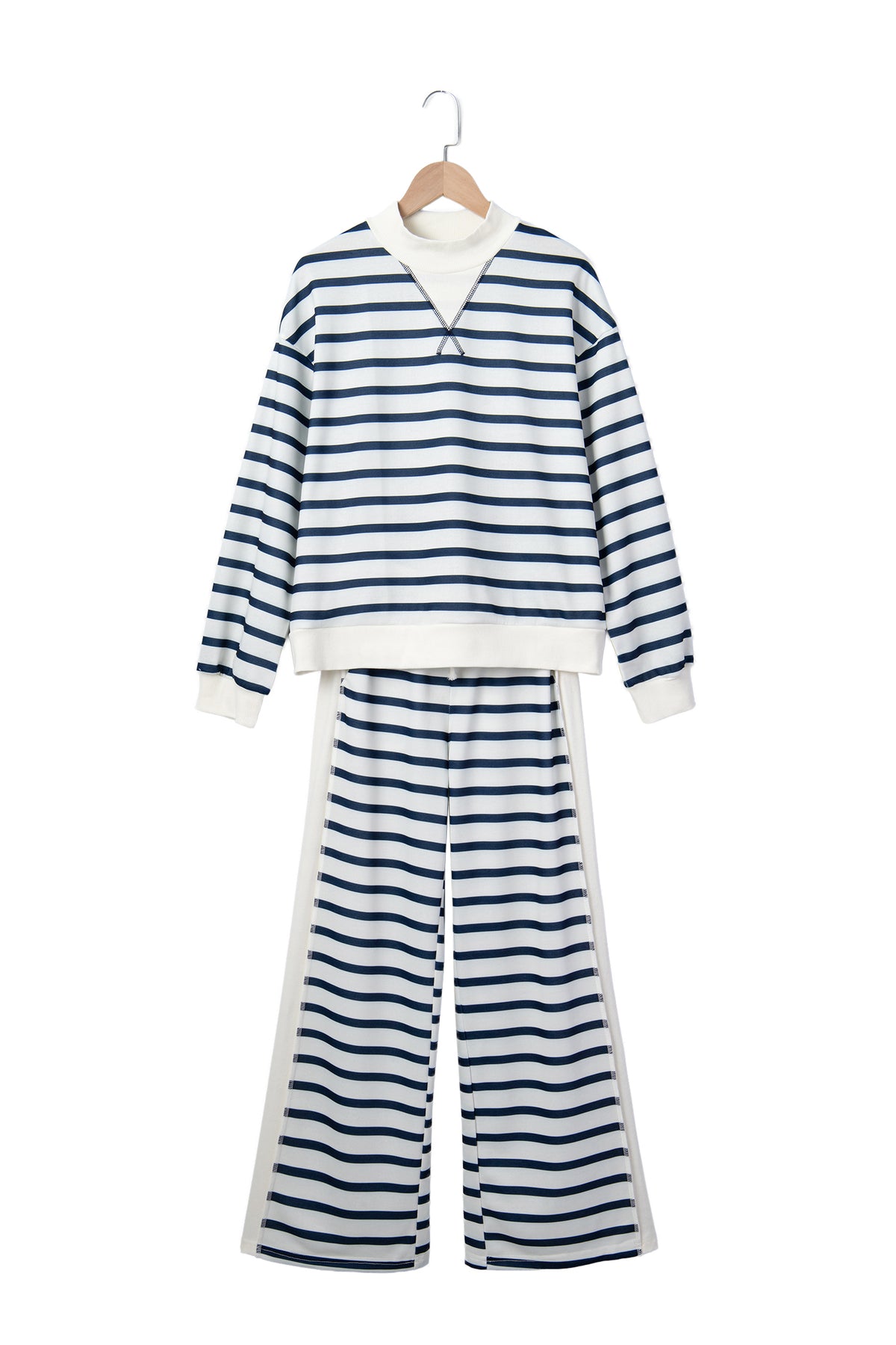 Blue Stripe Striped Ribbed Cuff Collar Pocket Loose Pant Set