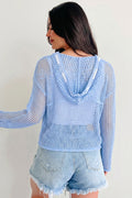 Beau Blue Hollow Out Crochet Knit American Flag Patched Sweater Hoodie