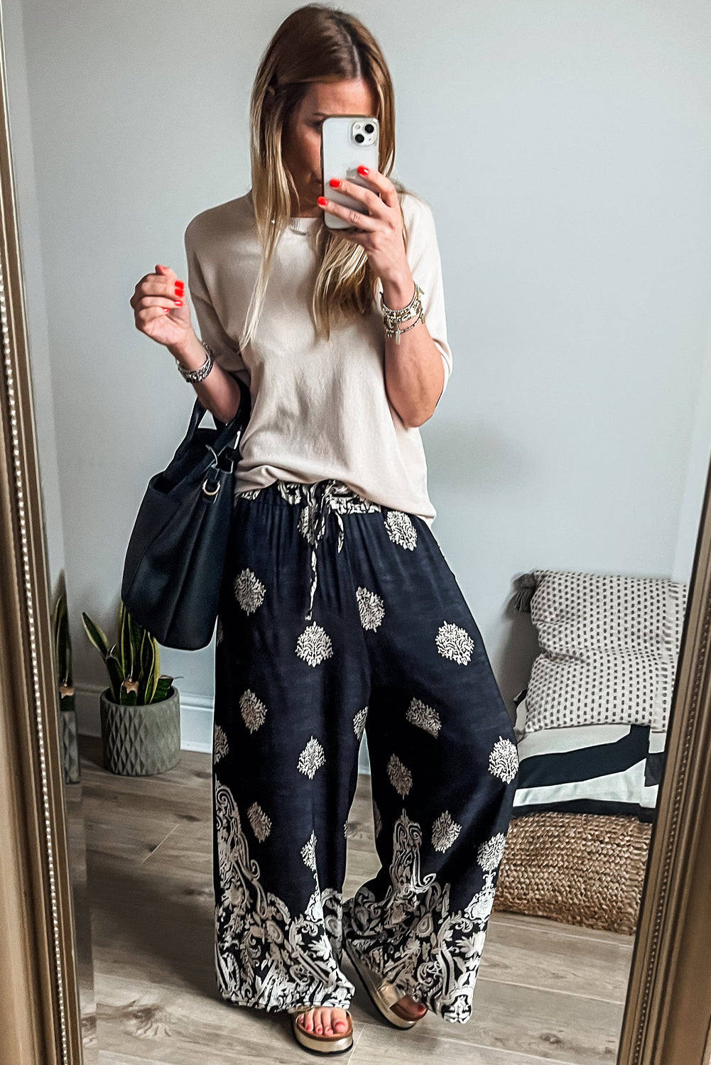 Black Bohemian Printed Drawstring Elastic Waistband Wide Leg Pants