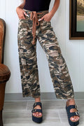 Green Camouflage Print Splashed Distressed Loose Denim Pants