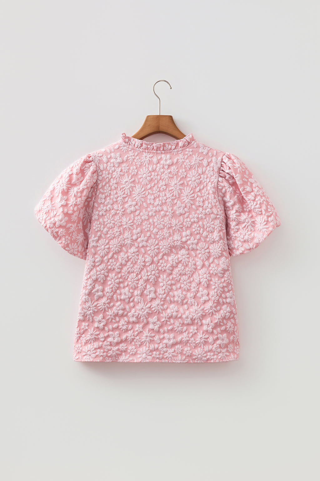 Beige Floral Textured Jacquard Puff Sleeve Blouse