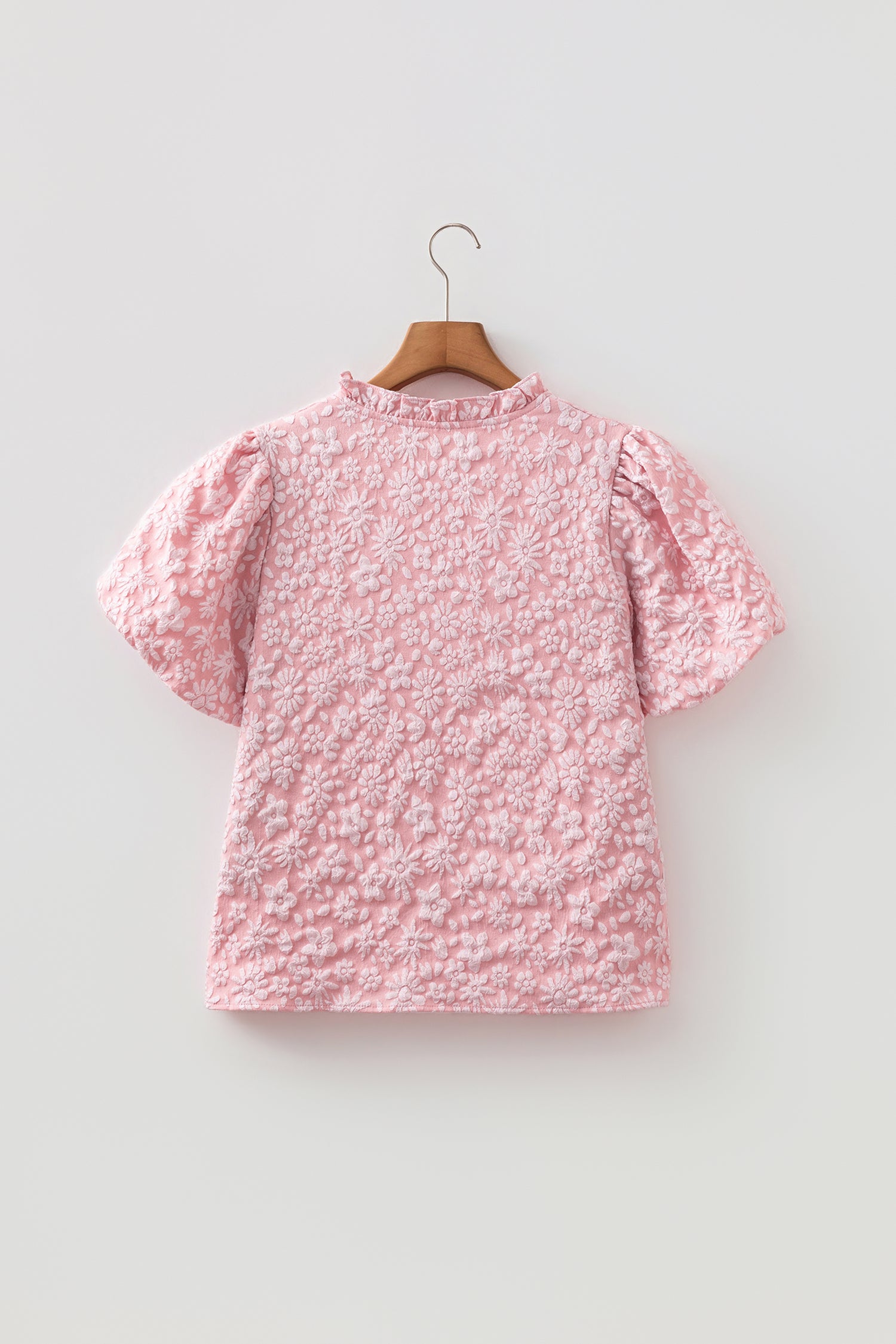 Beige Floral Textured Jacquard Puff Sleeve Blouse