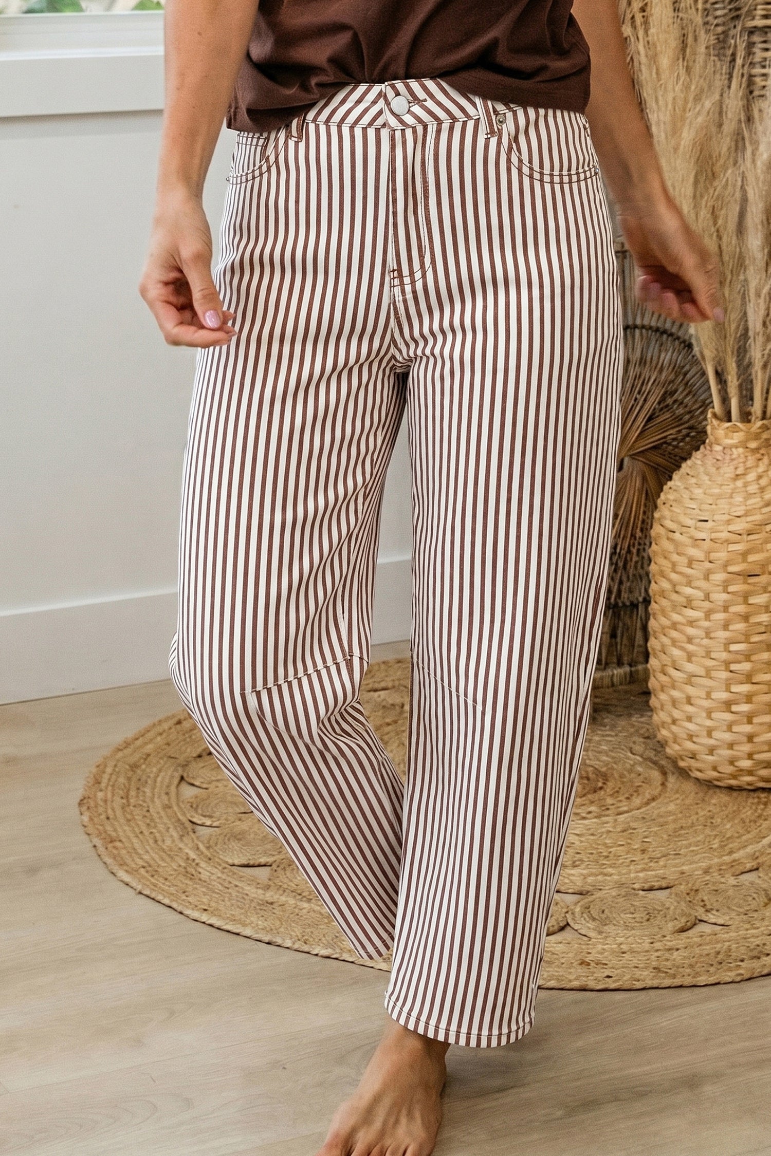 Brown Stripe Casual Barrel Jeans