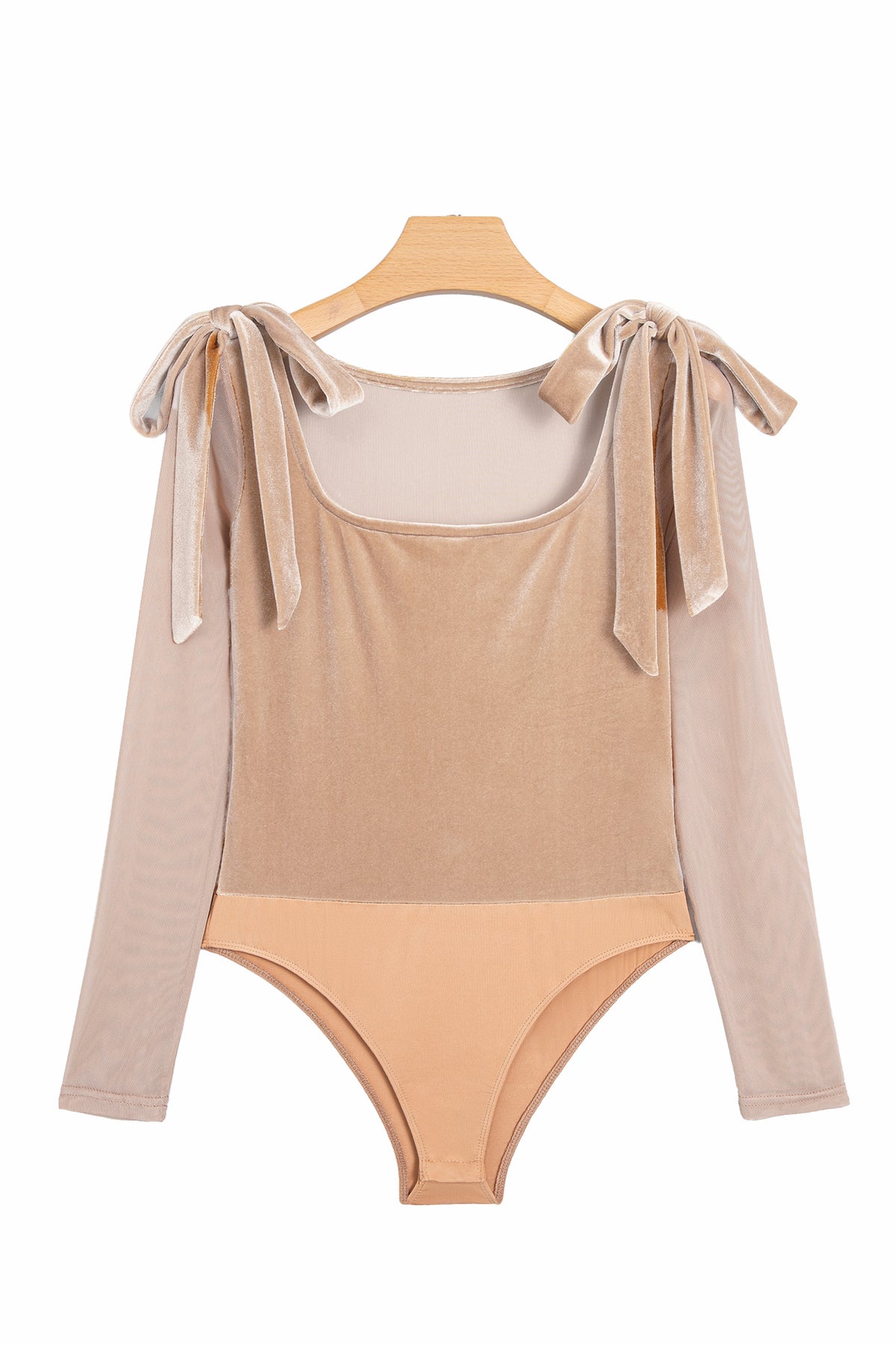 Light French Beige Solid Color Velvet Knot Square Neck Sheer Long Sleeve Bodysuit
