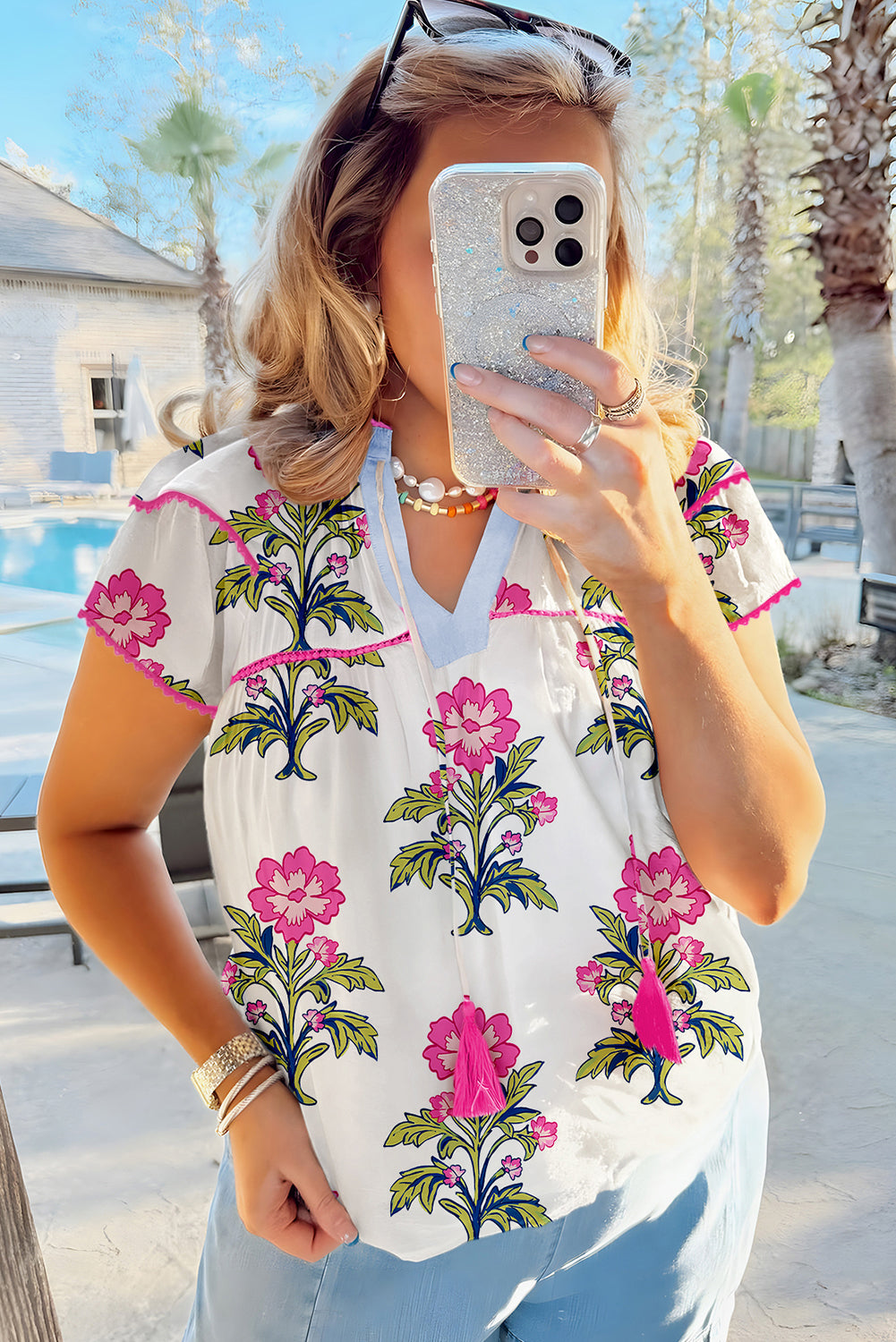 Rose Vintage Floral Print Contrast Notched V Neck Plus Size Summer Blouse