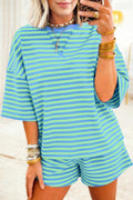 Green Stripe Striped Ribbed Cotton Two-Piece Pant Set with Chest Patch Detail