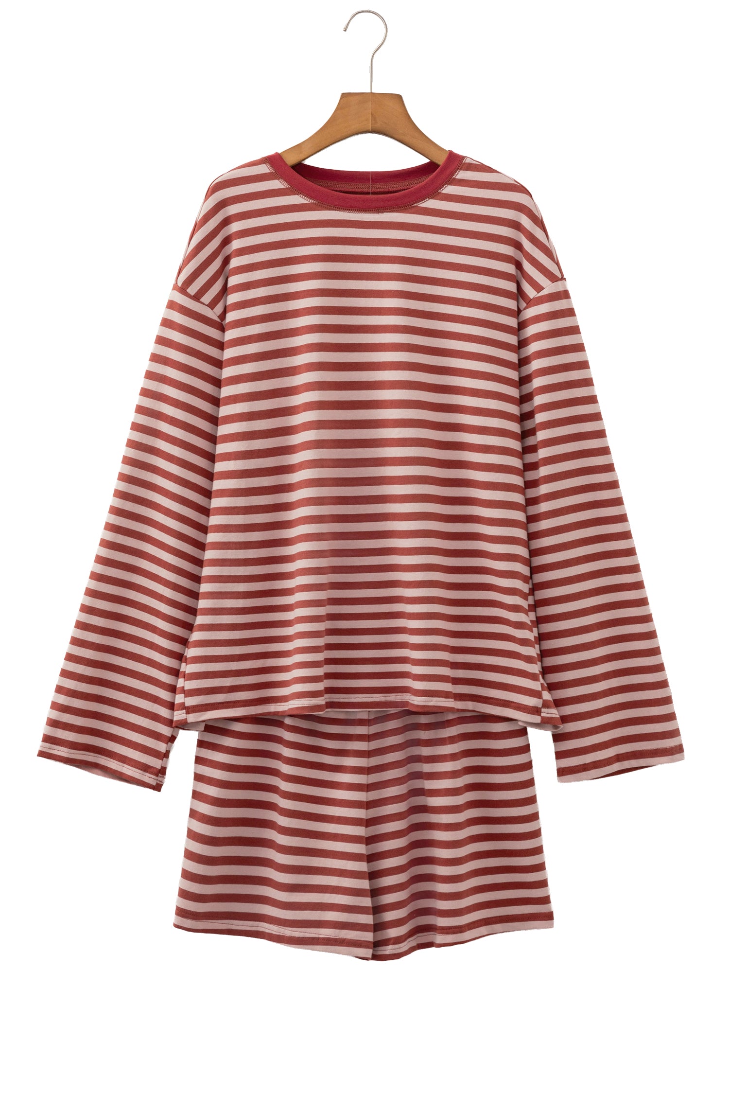 Brown Stripe Relaxed Long Sleeve Top Contrast Elastic Waistband Short Set
