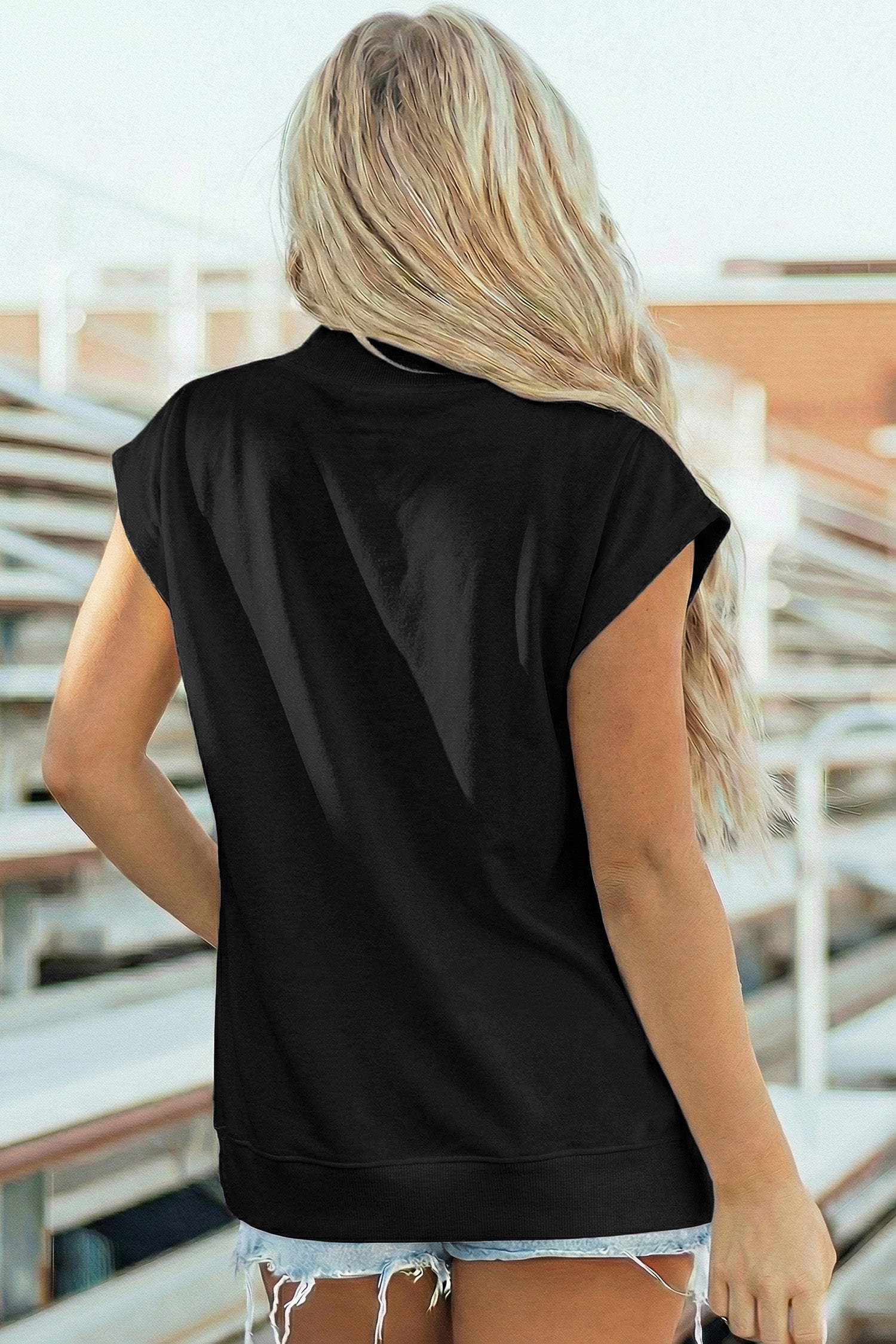 Phalaenopsis Solid Color High Neck Cap Sleeve Loose Top