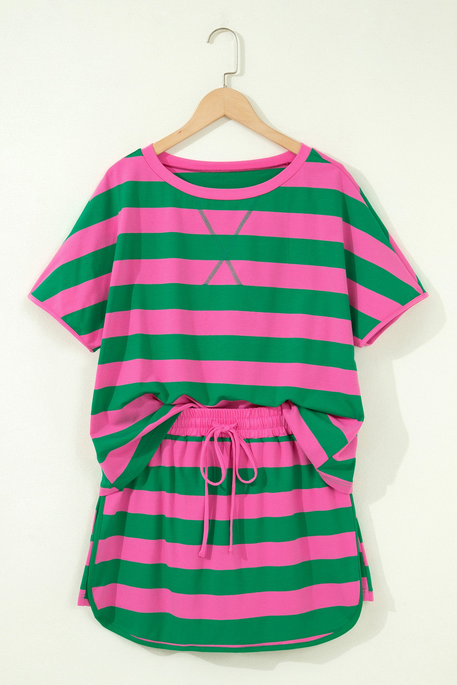 Rose Stripe Dolman Tee Drawstring Skort Athletic 2pcs Set