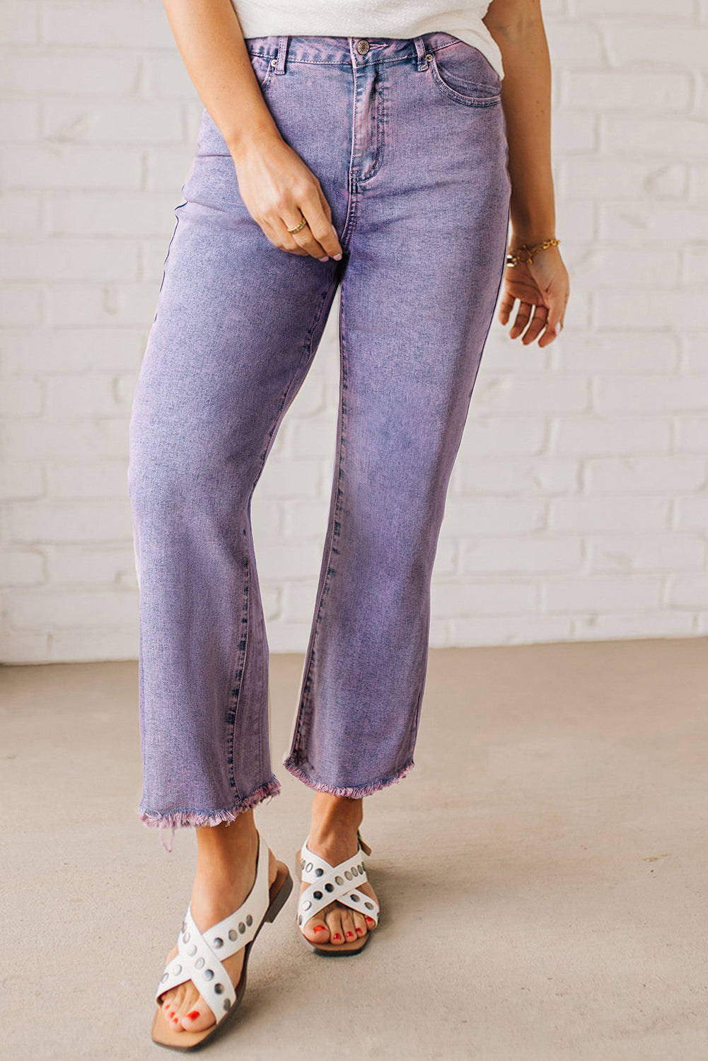 Orchid Petal Vintage Wash Frayed Hem Ankle-length Jeans