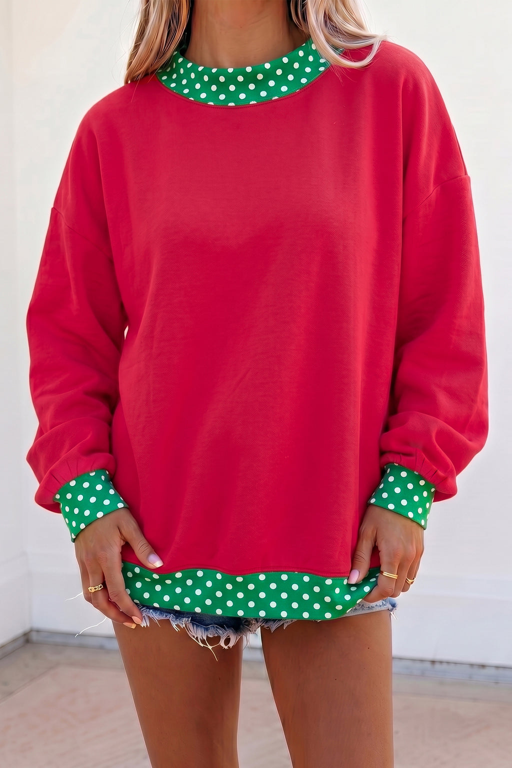Fiery Red Colorblock Polka Dot Contrast Trim Oversized Sweatshirt